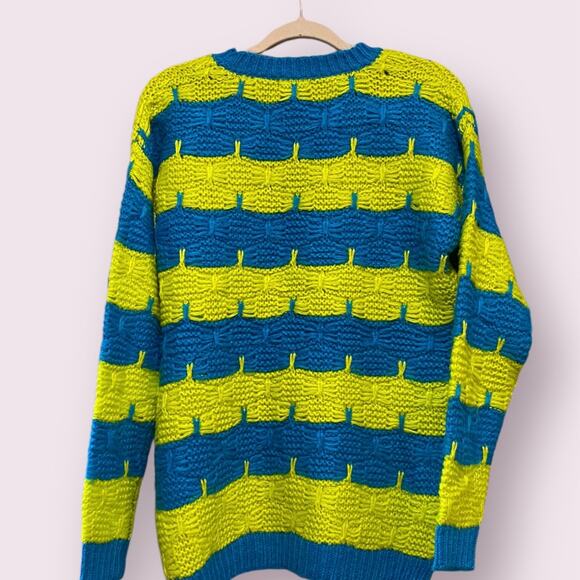 Timing Neon Yellow & Blue Long Sleeve Knit Sweater Size Medium - Picture 3 of 9